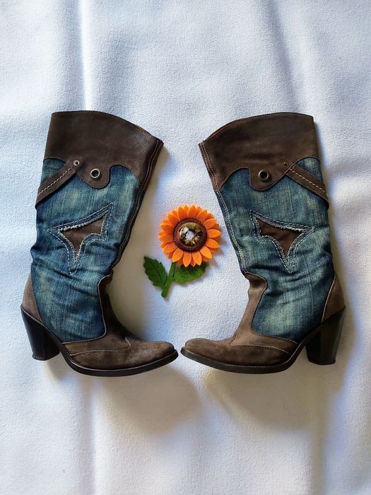 Botas texanas em ganga e camurça