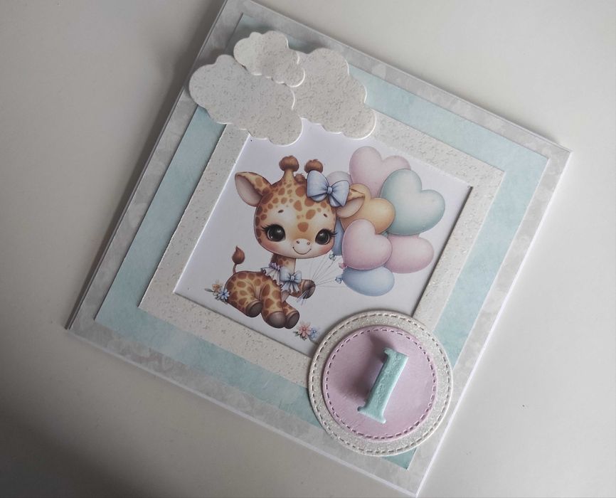 Kartka urodzinowa ręcznie robiona roczek, urodziny żyrafa