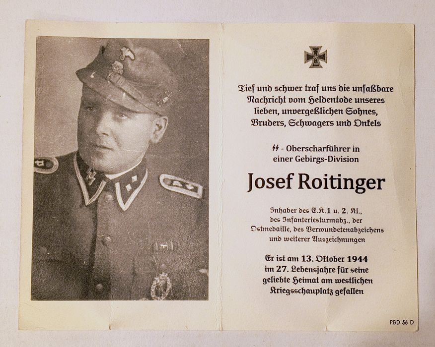 Militaria de Trincheira Cartão de Obituário Waffen SS