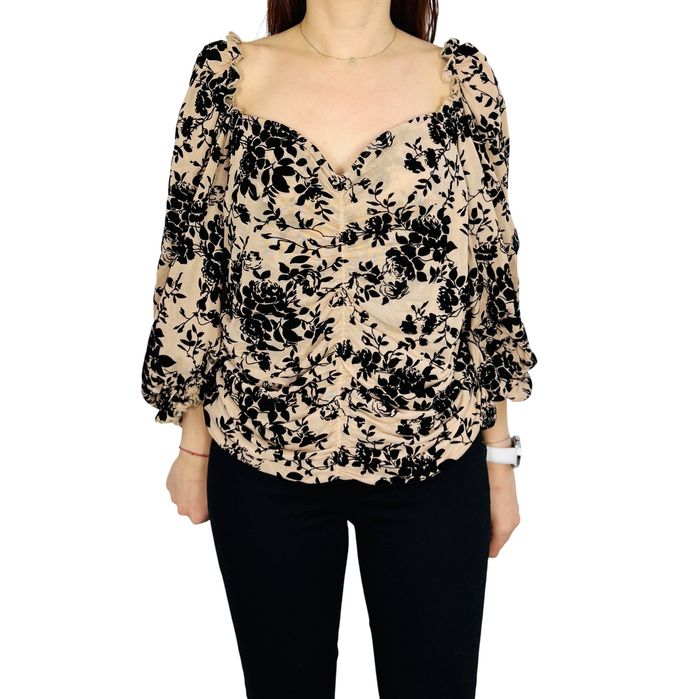Beżowa bluzka w czarne kwiaty z marszczeniem XXL 44