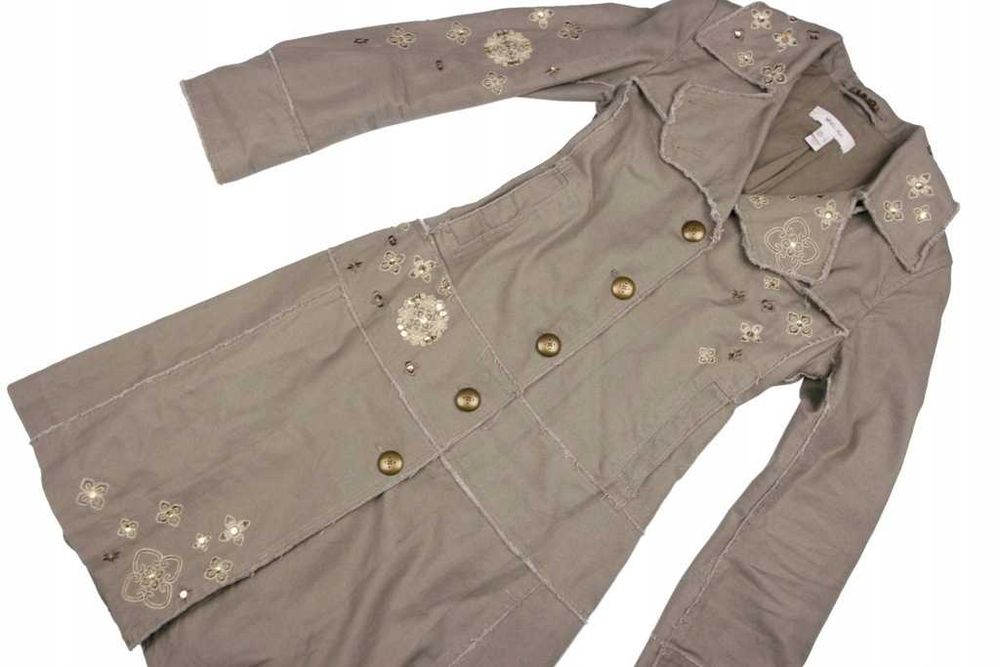Mango Suit płaszcz boho jeansowy zimny beż hafty S