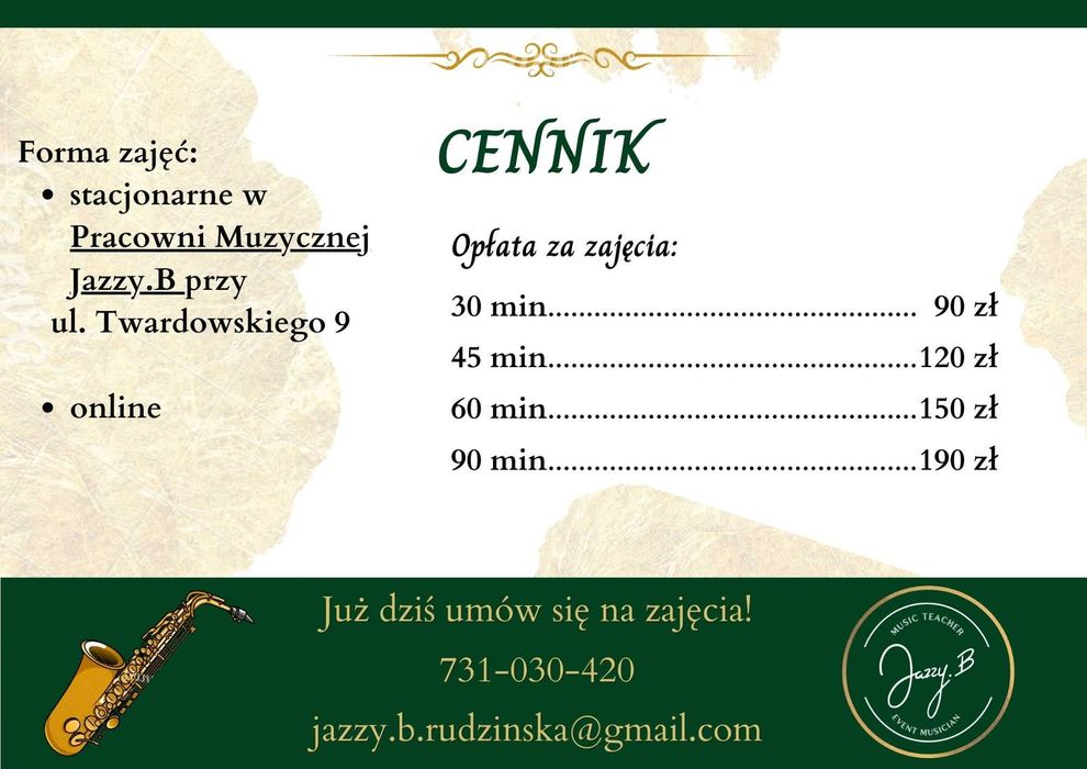 Nauka gry na saksofonie w studio (przy Turzynie) lub online