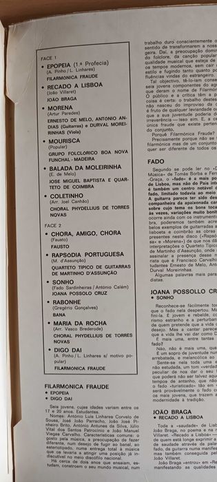Disco 1970 Philips LP Filarmónica Fraude Fausto Bana João Braga