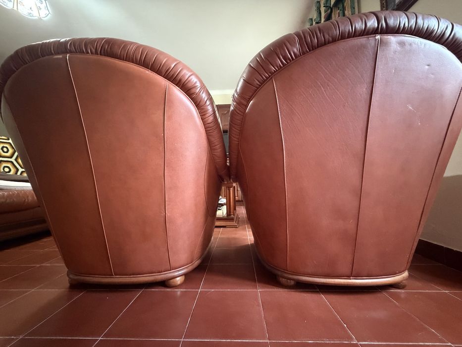Sofas em pele. Castanho e detalhes madeira