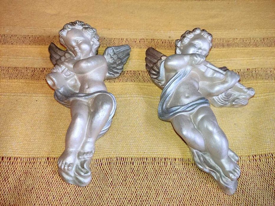 Par de anjos pendurar artesanais gesso pintados à mão