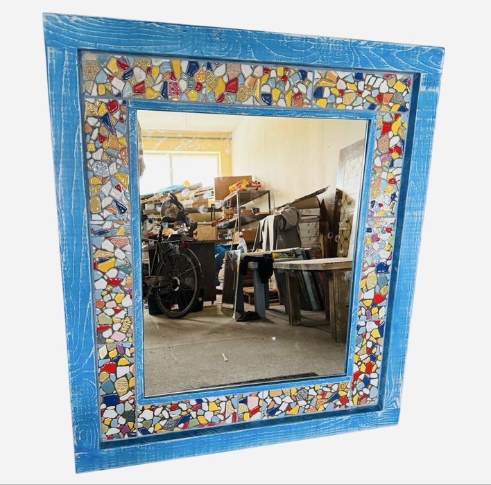 Lustro drewniana rama dekorowana mozaiką ceramiczną 119x100