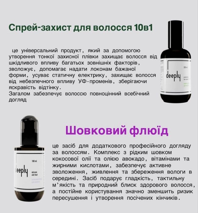 Набір Deeply шампунь, кондицiонер, маска, спрей 10в1, флюїд