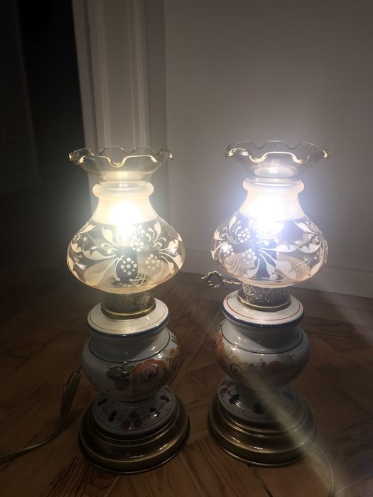 Conjunto candeeiros em loiça e latão
