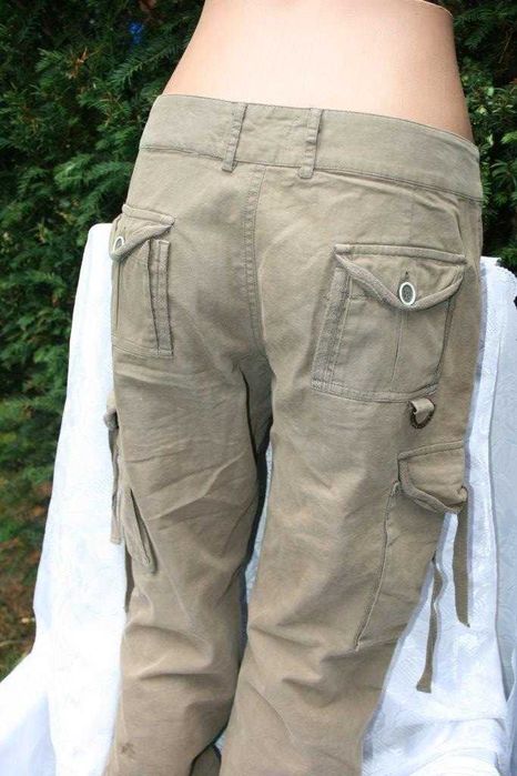 spodnie khaki bure bojówki Quiosque S roz 36 obniżony stan +kosmetyczk