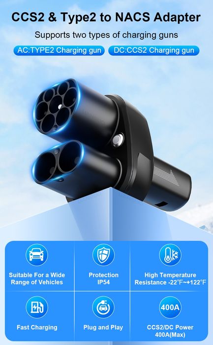ПРЕМІУМ‼️Перехідник NACS CCS2 Tesla DC+AC 250kW | Швидка зарядка CCS Combo 2 для авто США