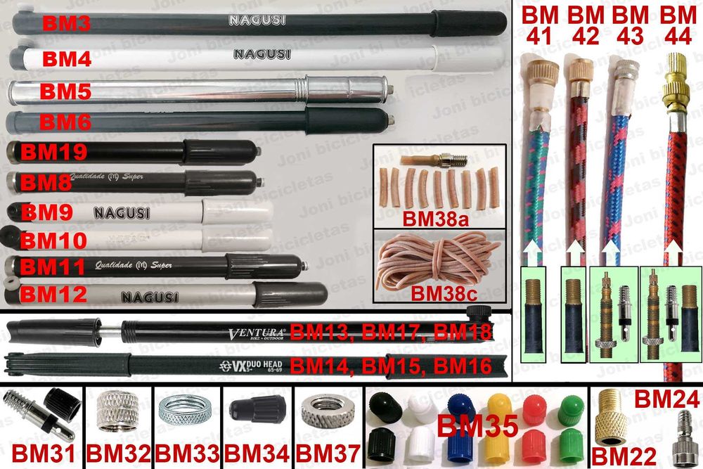Pedais, pneus, bomba, selim, corrente, punhos e buzina de bicicleta