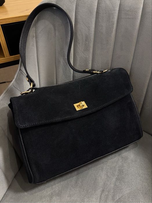 Чорна та шоколадна Сумка жіноча середня з натруальної замші