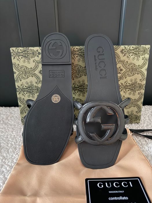 Klapki Gucci nowe czarne box Logo top 38