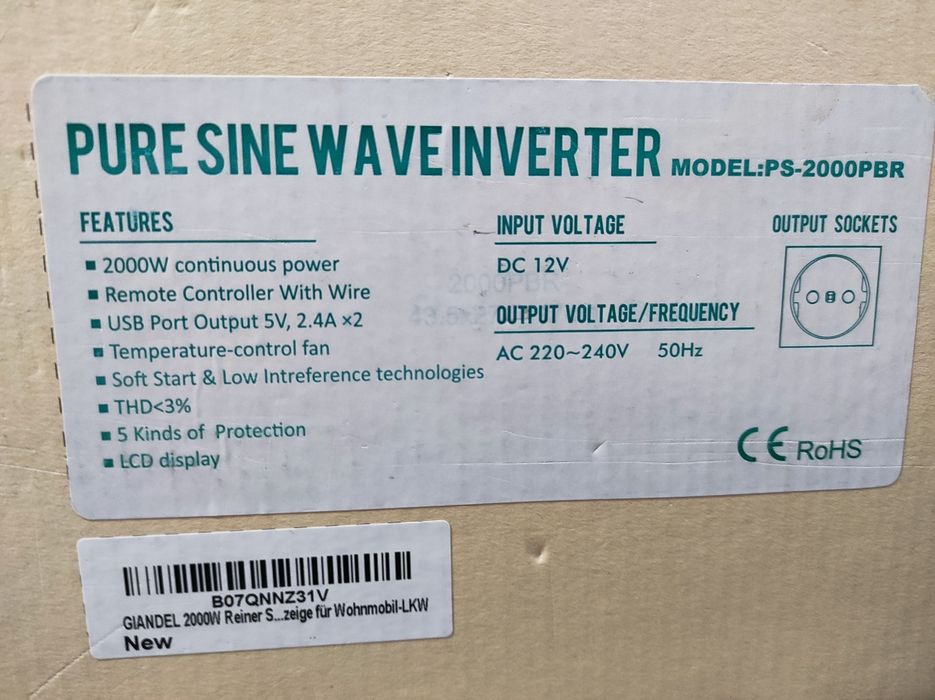 Інвертор Giandel чистої синусоїди  2000 Вт 12v в 230v  PS-2000PBR-DE