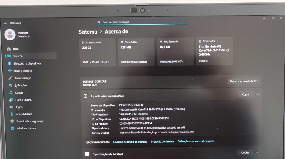 Dell Latitude 15 5520/Ecrã 15.6/i5 11ªger/16GB RAM/NVME/Thunderbolt