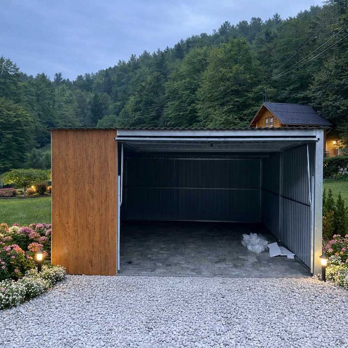 Garaż blaszany 4x5 DĄB MULTIGLOSS lub ORZECH Brama Podnoszona