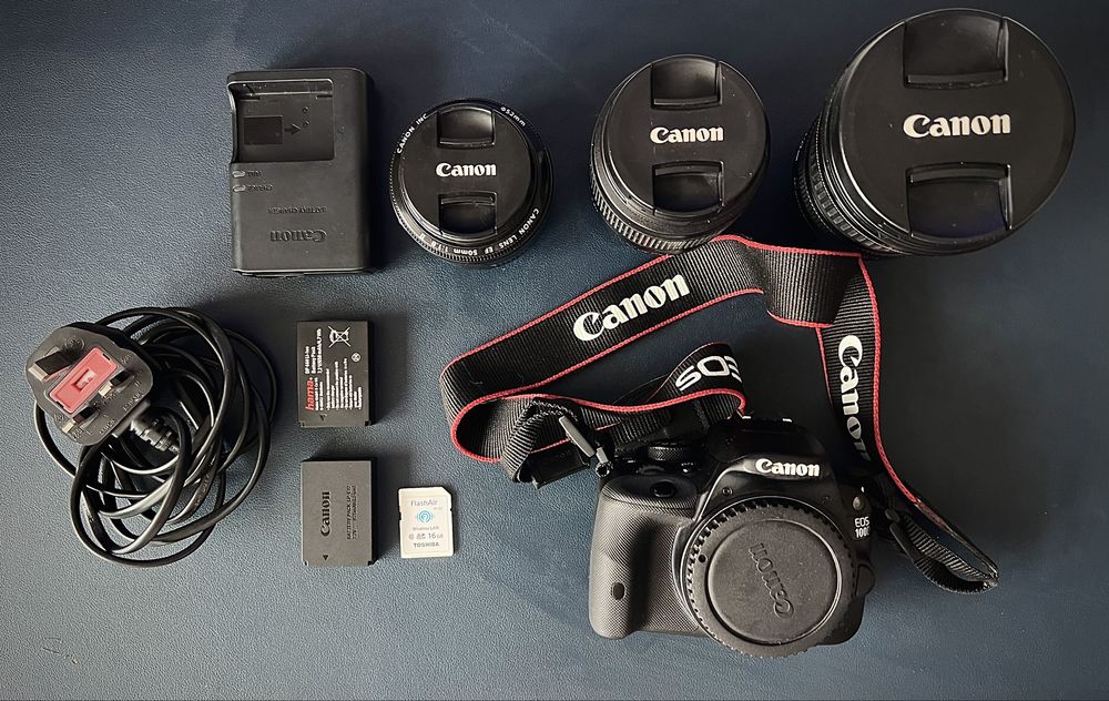 Canon 100D + 3 objectivas + 2 Baterias + carregador + SD card