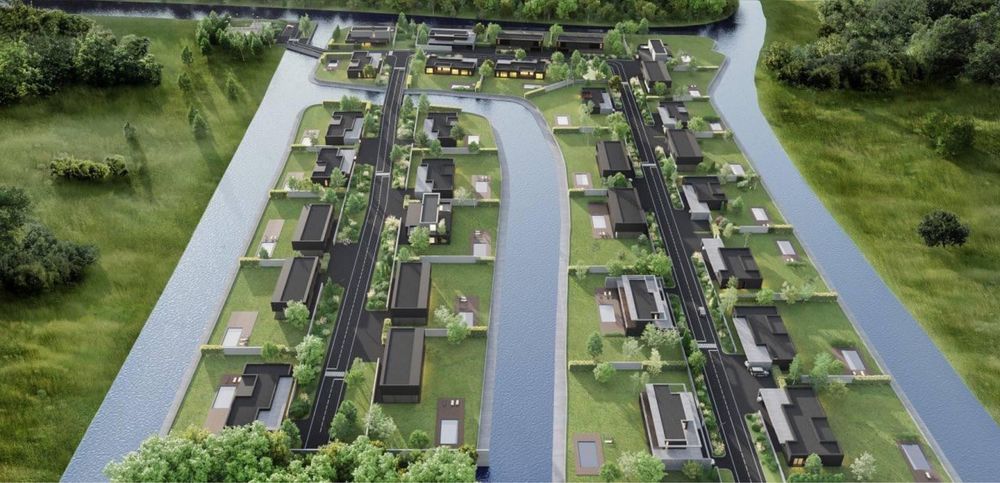 КМ Water village Продаж 1 поверхових будинків 330 м² з виходом на воду з басейном ділянки від 10 соток Романків Киівська область Новообухівська траса