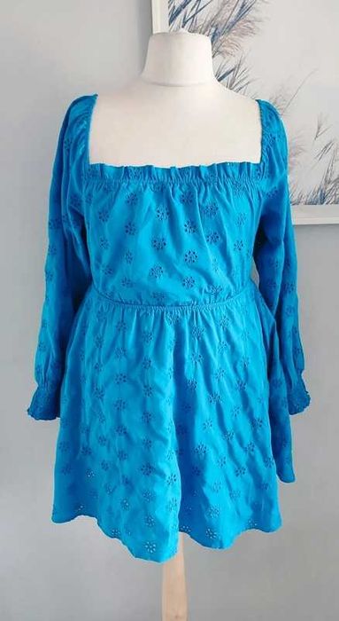 Sukienka niebieska ażurek bufiaste rękawy 44