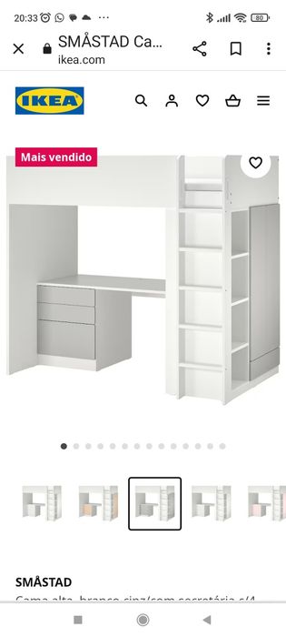 Cama alta IKEA SMÅSTAD
Cama alta, branco cinz/com secretária c/4 gavet