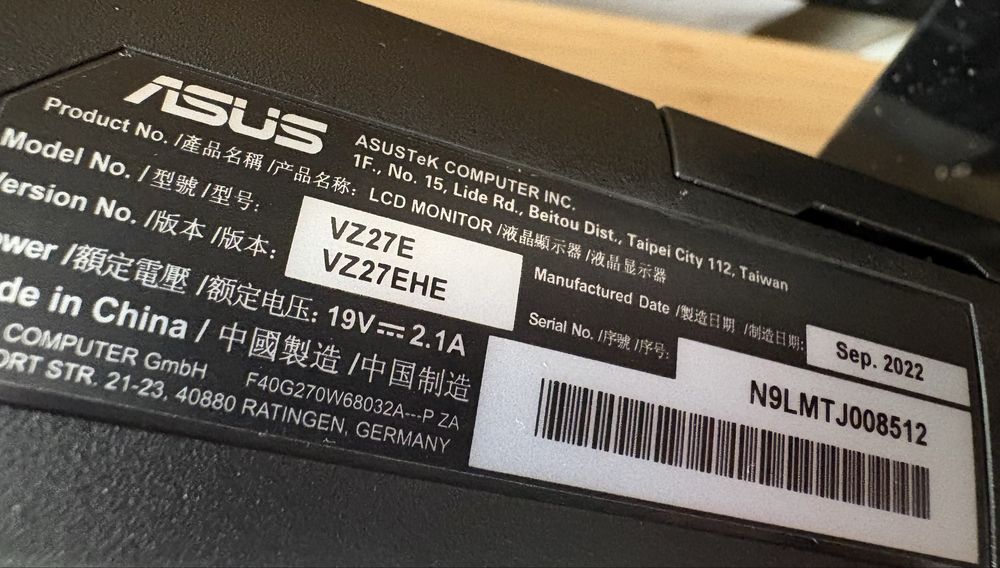 Monitor ASUS 27” VZ27EHE - IPS / FULL HD