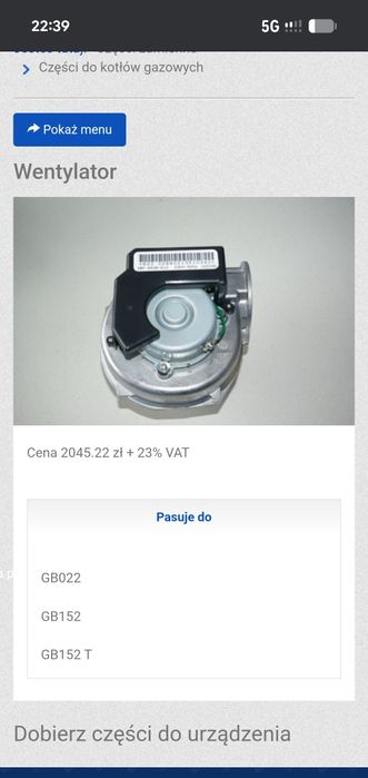 Wentylator Buderus Części GB022 GB132 GB152 GB152T