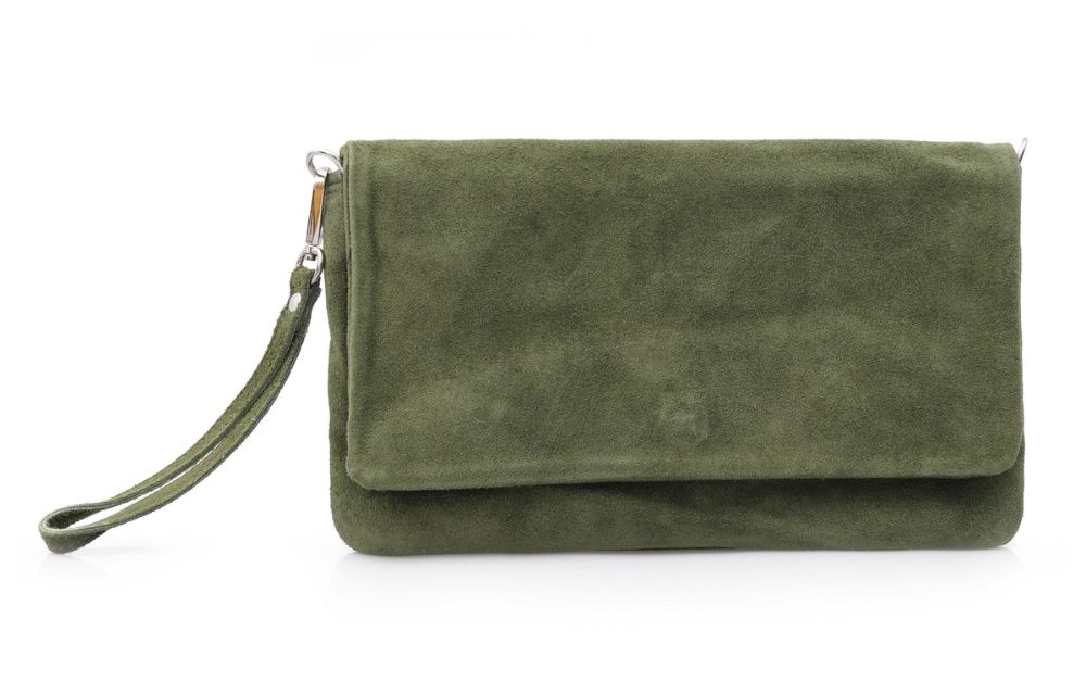 VERA PELLE torebka zamszowa kopertówka listonoszka V008 oliwkowa