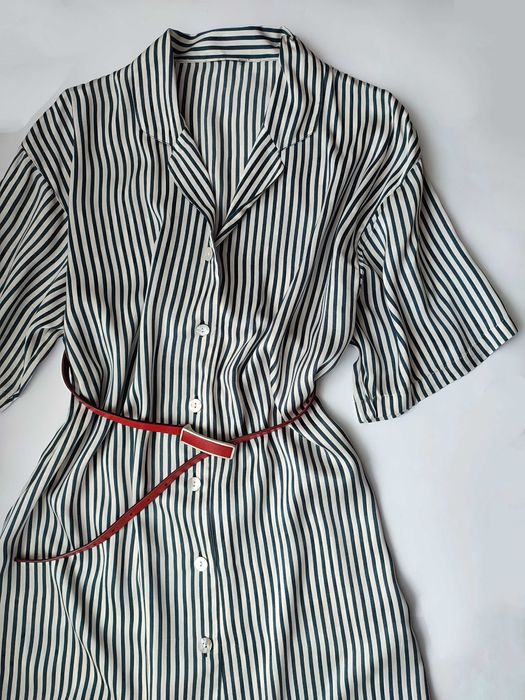 Натуральное 100% шелковое платье рубашка в полоску в бельевом стиле