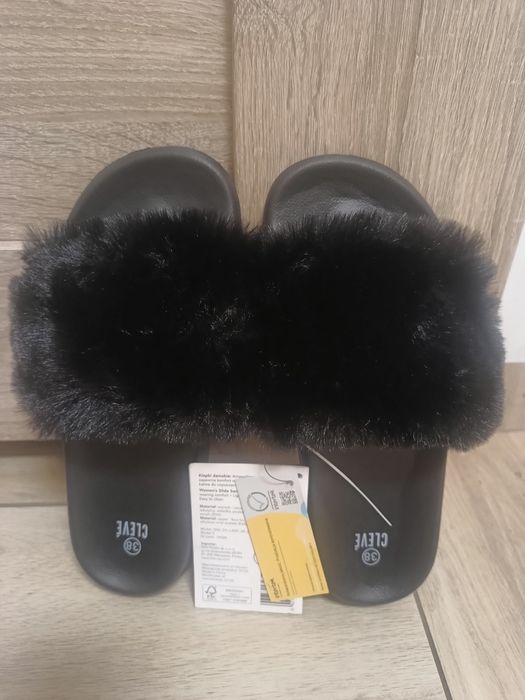 Nowe damskie czarne puchate klapki z futerkiem  38