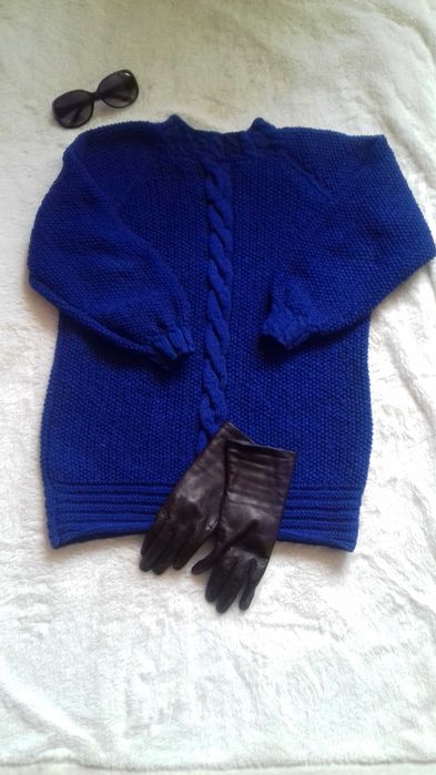 Свитер светр синий вязаный с косами, ручная вязка