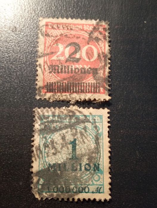 2 selos Alemanha 1923 -hiperinflação -1 milhão e 200 Marcos sobrecarga*