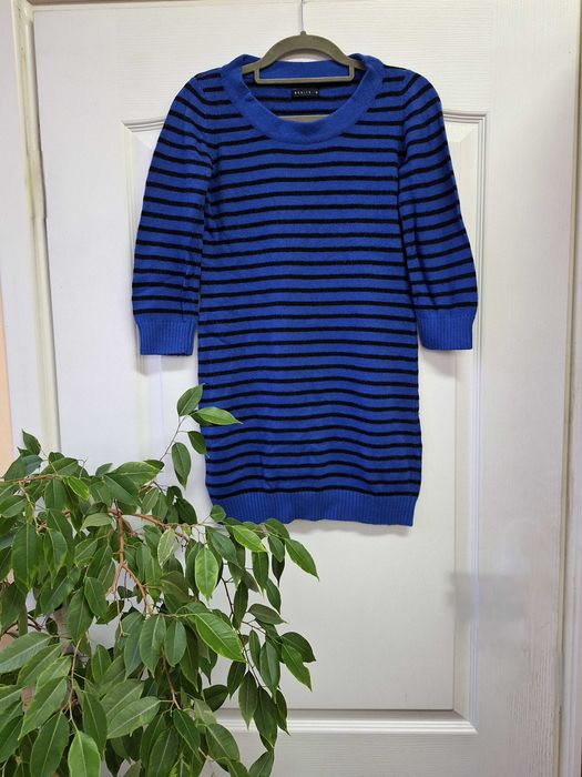 Sweter niebieski w czarne paski 3/4 rękaw miękki długi Mohito M (38)