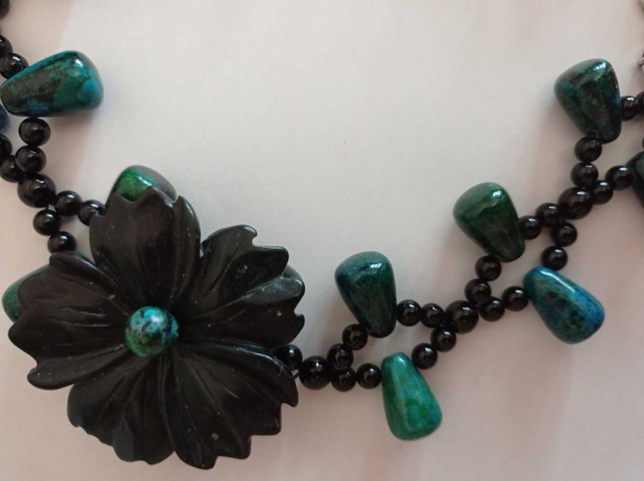 Колье-ожерелье, красивое, хризоколла, черный агат