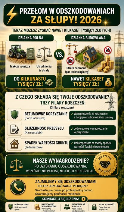 Odszkodowania za słupy energetyczne na działce . Darmowa analiza sprawy. Działamy na terenie całego kraju .