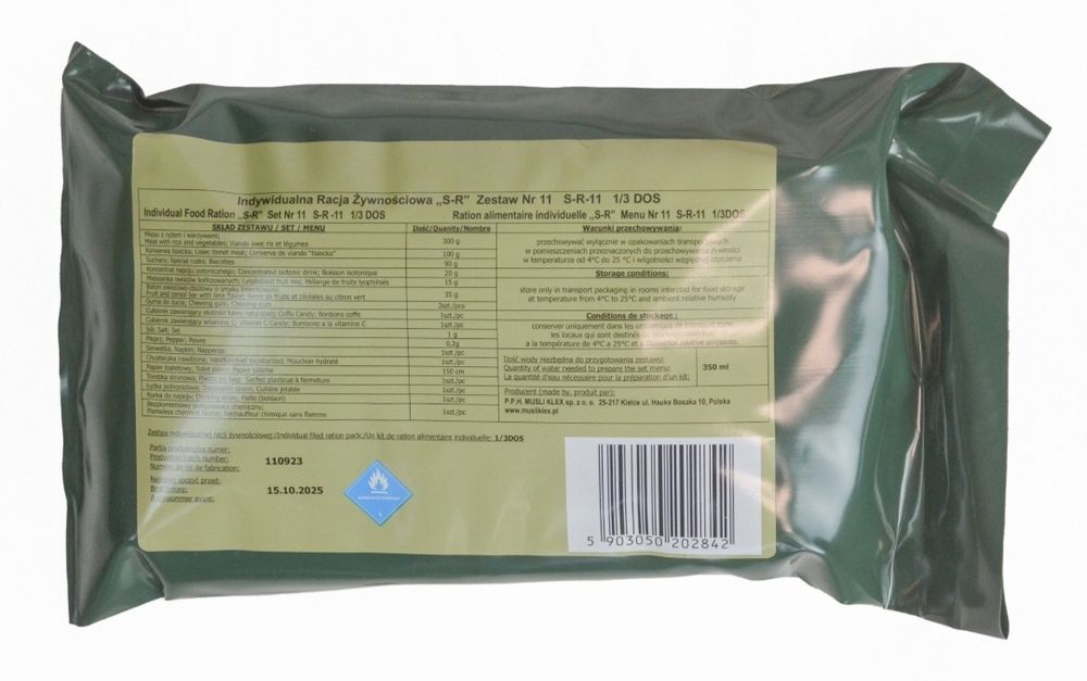 Racje zywnosciowe wojskowe nr 6 lub 11 ilość 15 szt