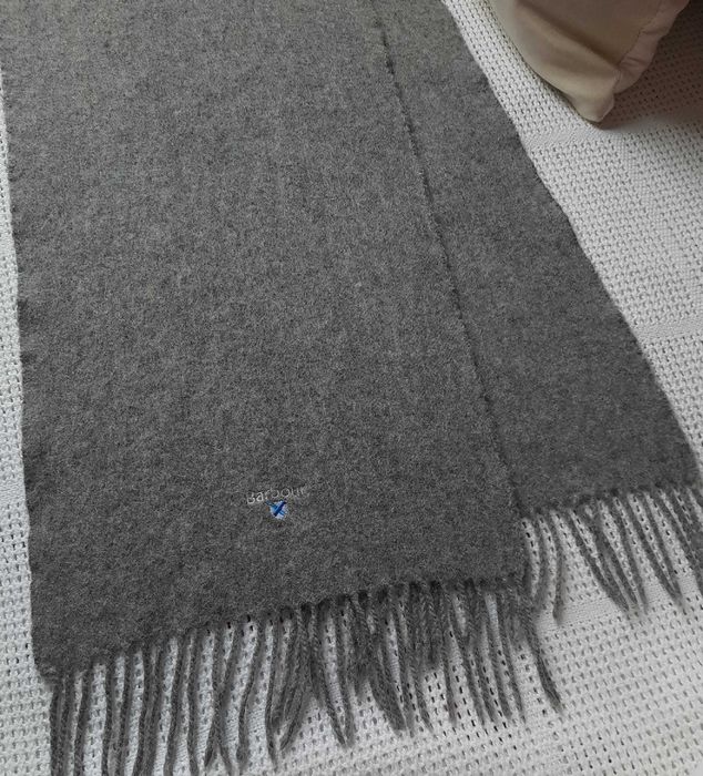 Barbour 100% Wełna szary szal frędzle wełniany męski damski Uniseks