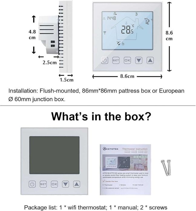 KETOTEK Termostat WiFi Kotła/Wodne Ogrzewanie Podłogowe 3A