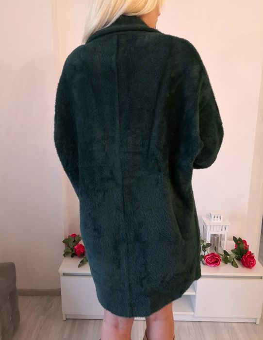 Płaszcz alpaka luzny oversize krój butelkowa zieleń xxl