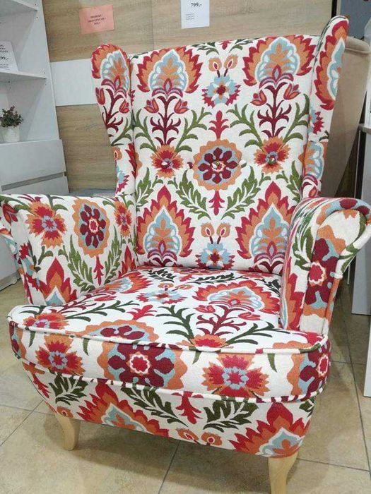 Fotel uszak kolorowy wzorzysty hiszpańska tkanina ,naturalny skład