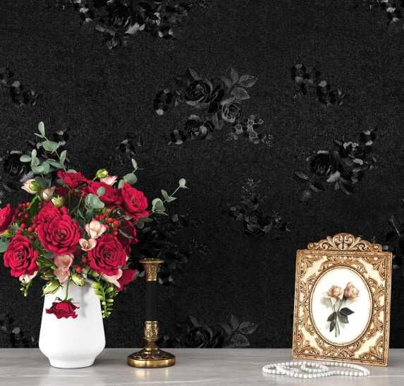 Tapeta samoprzylepna winylowa czarna wzór kwiatów NR.EO72
