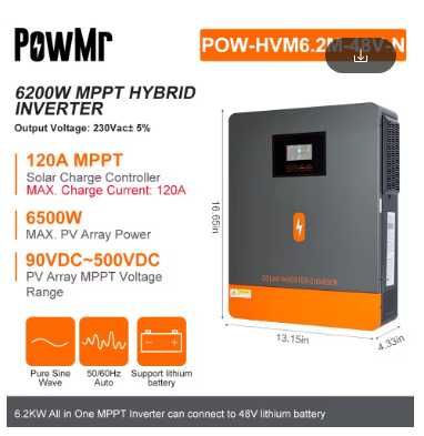 Гібридний інвертор PowMr 6,2 кВт з контролером сонячного зарядного пристрою 120 A MPPT DC 48 В до 230 В