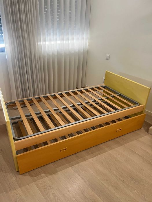 Cama de Solteiro com Gaveta + Cama Auxiliar em Madeira