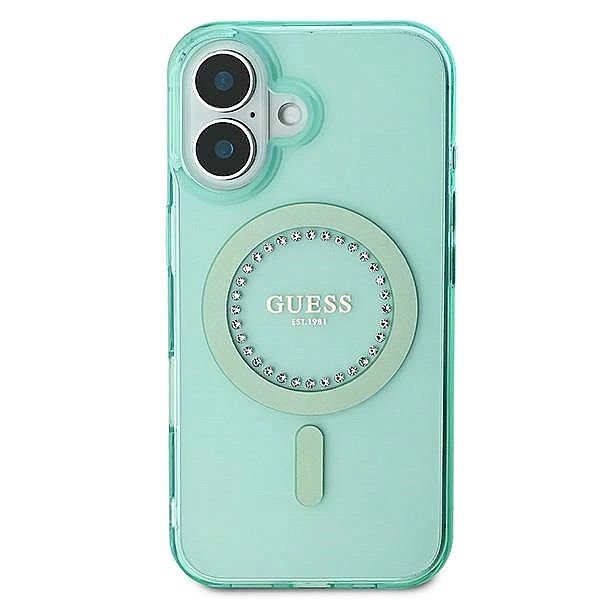Etui Guess IML Rhinestones MagSafe na iPhone 16 Plus - zielone