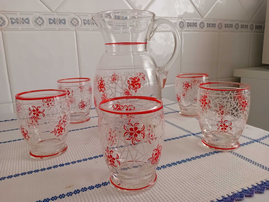 Jarro e Copos Vidro Decorado