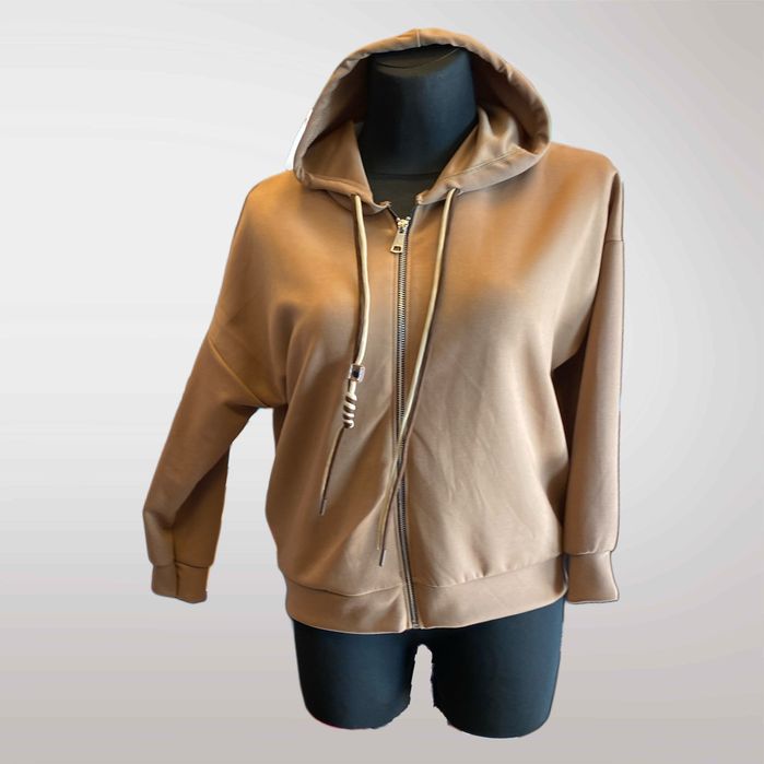 Bluza Damska Z Kapturem Na Suwak Kieszenie Szary