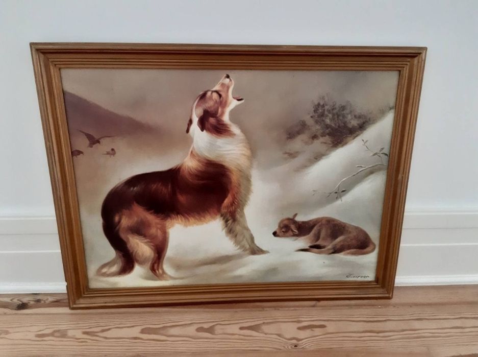 Painting Featuring a Dog and a Lamb in the Snow64584403536257120