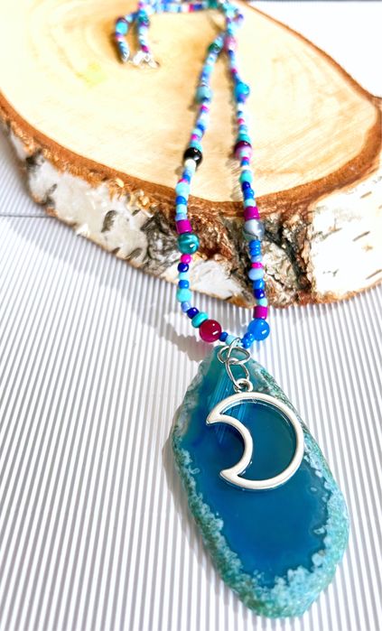 Naszyjnik handmade Luna Lunula agat cięty plaster