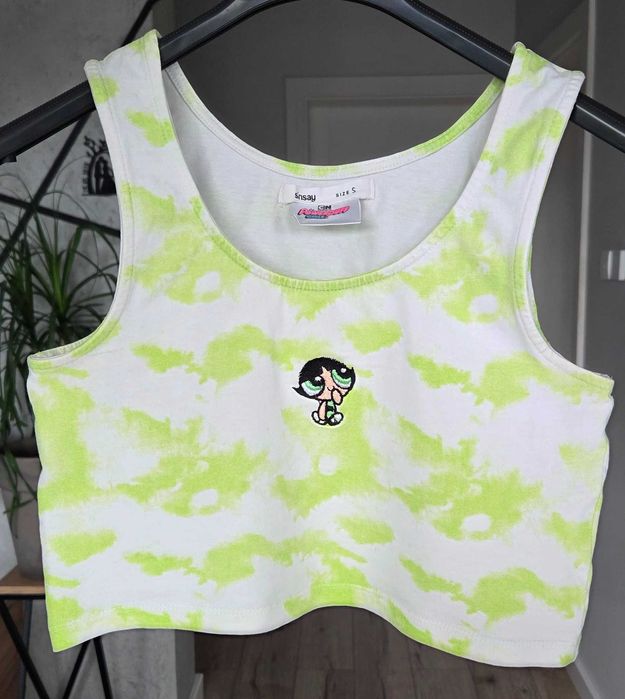 Biało-zielony crop top krótka bluzka bez rękawów Atomówki 36 S Sinsay