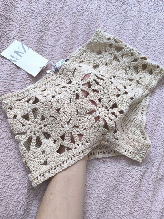Nowe szydełkowe spodenki Zara M Boho beżowe ażurowe