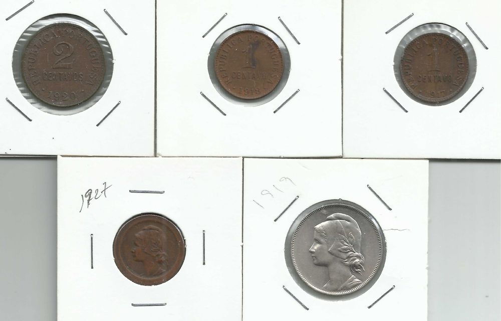 5 Portuguese Coins – 1, 2, 4, and 5 Centavos – 1917 to 1927